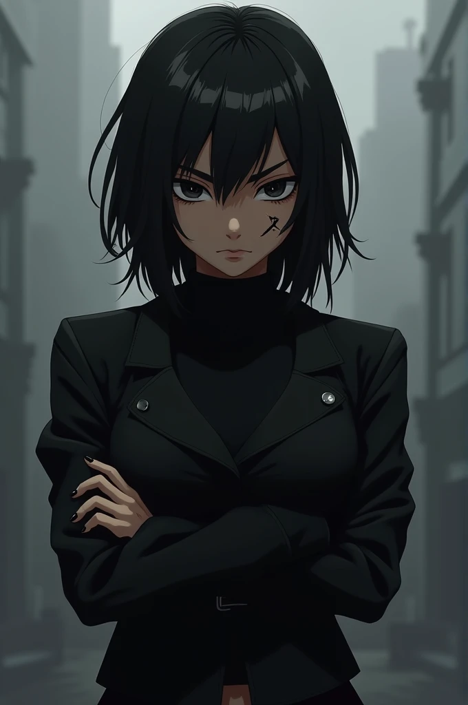 an anime girl, dark skin, arms crossed, wearing black clothes and jacket, black eyes, scar on her face