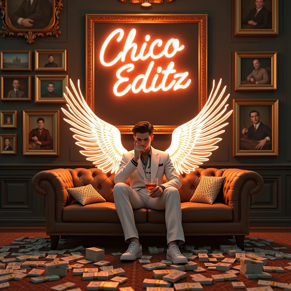 Create a realistic image where a 20 years old boy sitting on a sofa with glowing wings, there are many cash and gold on sofa with guns. At wall there are many luxury paintings and one big painting in middle. Character is Wearing a white mafia luxury suit with whisky 🥃 glass . In background "CHICO EDITZ" is written with neon and bold glowing effects which is just above the sofa