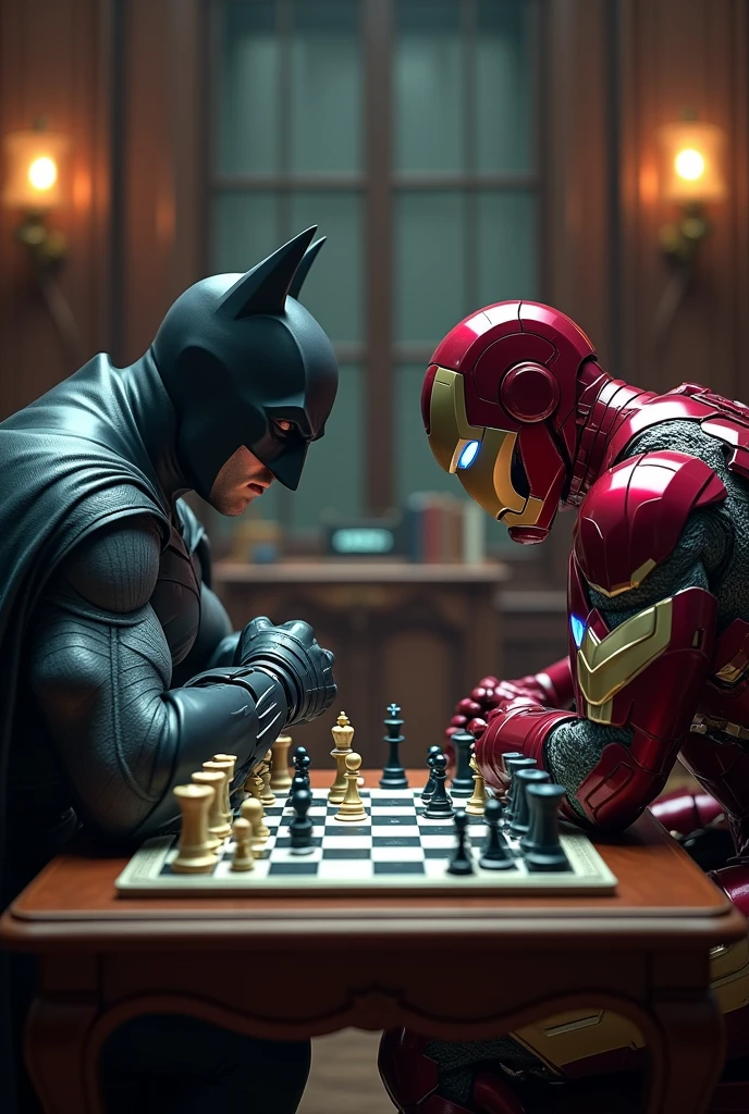 batman and iron man playing chess