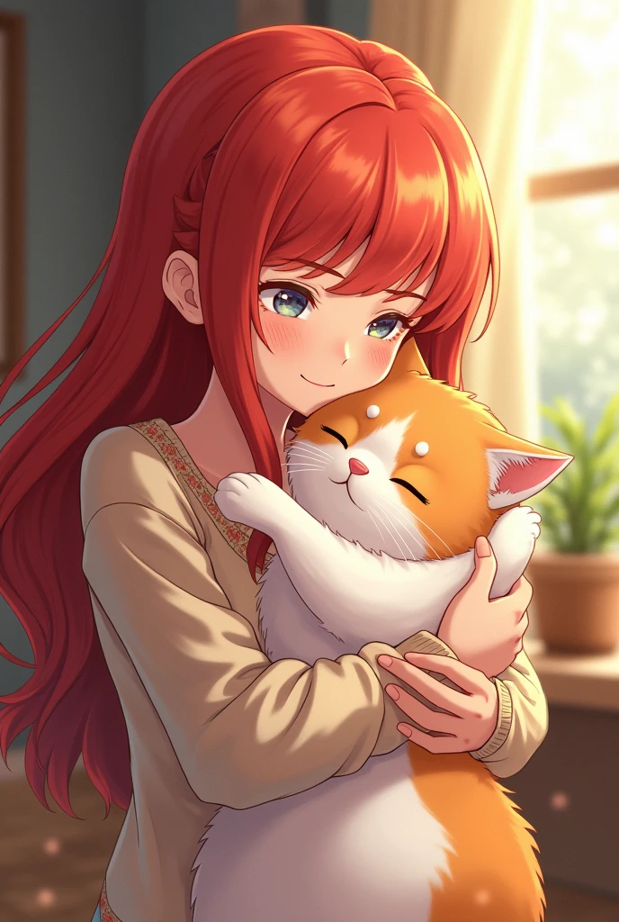 Femme rousse qui fait un calin a un maine coon roux et blanc version anime