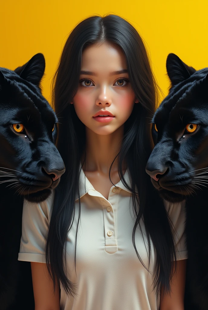 A girl with white skin and long straight black hair without bangs with honey-colored eyes and wearing a polo shirt from the country of Colombia and black panthers on each side of the girl, full image and the Colombian flag in the background