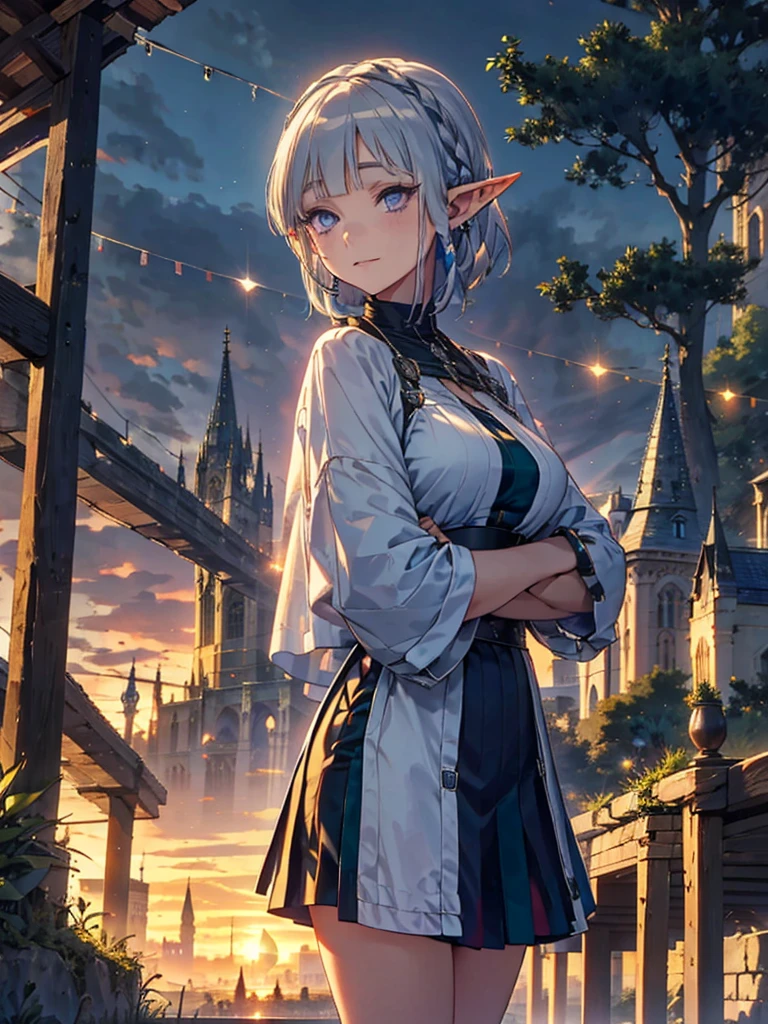 The cathedral is in the background、Medieval cityscape at sunset, Wide Road、Pointed Ears、Elf、blue eyes、Green casual clothing、Long eyelashes、Silver braided short hair