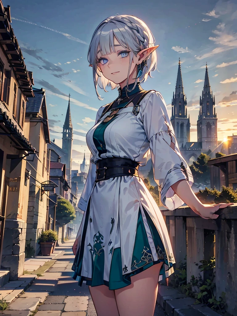 The cathedral is in the background、Medieval cityscape at sunset, Wide Road、Pointed Ears、Elf、blue eyes、Green casual clothing、Long eyelashes、Silver braided short hair