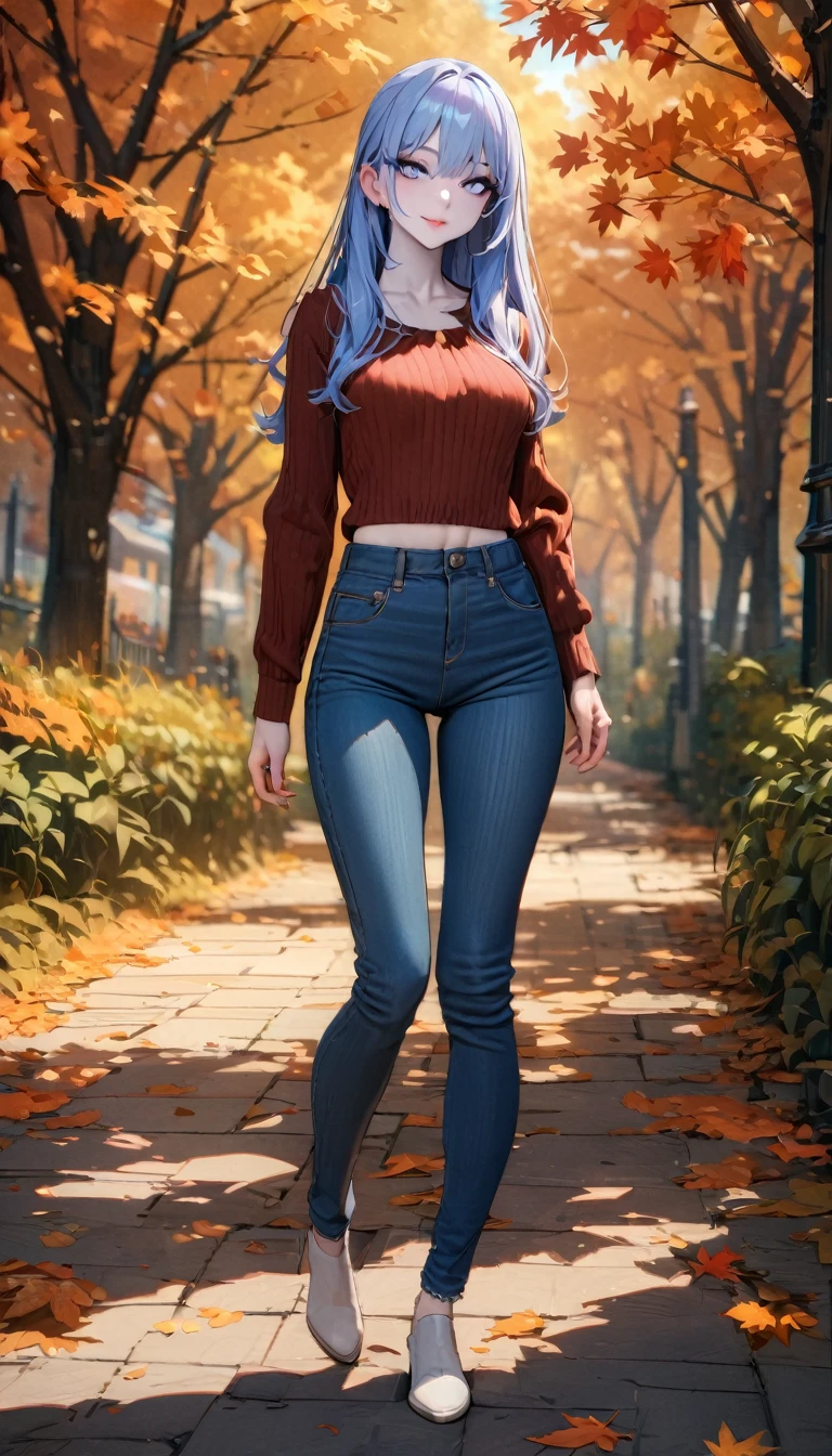 ((best quality, masterpiece:1.3, 8K)), (detailed), highly detailed face and skin texture, detailed eyes, full body, outdoor, daytime, autumn, (slender body:1.1), 1girl, (solo), white skin, bright lips, seductive smile, long hair, casual outfit, medium breast, (jeans pants:1.2, blue jeans:1.2), 