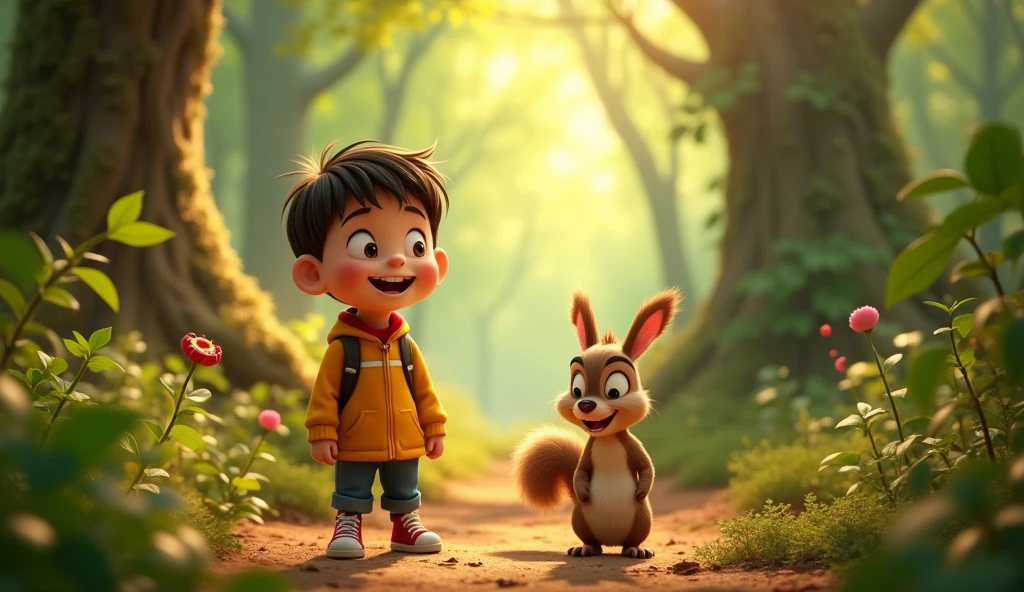 Boy image for YouTube video story in Pixar style, He is a little Alla Bester., He is the class leader., He is about to go out., Playful and curious about many things, short hair,The grateful squirrel smiled at Jack and said, "Thank you, brave boy! As a reward for your kindness, I will show you the secret of the forest."