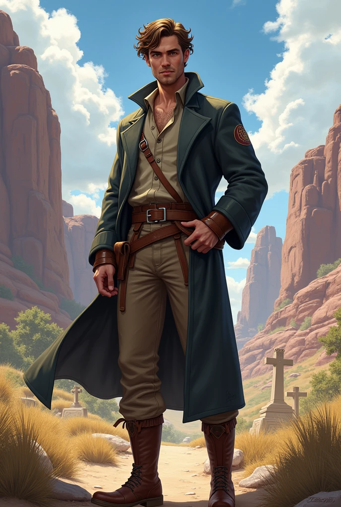 He has short, slightly curly brown hair and is clean-shaven with a clean-shaven face. He has one arm behind his back. He wears a graveyard priest outfit with a brown belt that holds a Bible on his hip and leather boots under his pants. He always appears to be visually positive, but is very protective of those he loves. The character is intended to be styled in a fantasy RPG art style and set in the Old West.