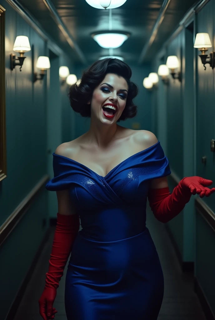 A close-up of a sensual, evil-smiling seduction scene in A Bewitching: A glamorous female singer with overwhelming beauty and heavy makeup, wearing her stage costume of a Royal Blue satin off-shoulder dress with glitter, suddenly appears from the shadows of an unoccupied, eerily bright ship's corridor and seductively beckons a lost man. The man succumbs to his carnal desires and gives in to the temptation, losing himself in the pursuit of the woman's voluptuous buttocks as he is led along. The woman, who entered the elevator first, urges him to enter, saying that they will do something naughty inside, when the elevator is broken, and in fact the entire bottom panel has fallen out, revealing an abyss inside the shaft. She is a lost evil spirit who lures the living to death. Demonic, evil and lascivious grin showing teeth and oral, head tilted back, seductive gaze, looking at the viewer, front, pov, focus on woman, bust shot, bright and strong overall lighting, brunette with short permed hair, reflective blue eyes, shining red lips that look wet, aesthetic, glamorous, soft and curvy, bodycon, pale skin, neck, collarbone, shoulders, full upper chest, deep cleavage, saggy huge breasts, Black Satin long gloves, seductive pose using both hands