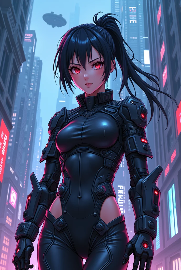 gundam\(rx78\), masterpiece, best quality, (extremely detailed CG unity 8k wallpaper, masterpiece, best quality, ultra-detailed, best shadow), concept art, illustration, science fiction, machinery, cyberpunk, city, night, neon lights, 
1girl, solo, 
 twin ponytail,  beautiful face, beautiful eyes,mecha armor, motion lines, short skirt, tight shirt,cyborg, detailed ribbed impossible bodysuit, shoulder armor, mechanical arms, cybernetic limbs,glowing, enchanting, ((cute perfect face, bright glowing red eyes)), (perfect anatomy, petite perky breasts), valkyrie, powerful, future, figurative, representational, beauty, fantasy worlds, composition, scale, foreground, middle ground, background, perspective, light, color, texture, detail, dynamic angle,