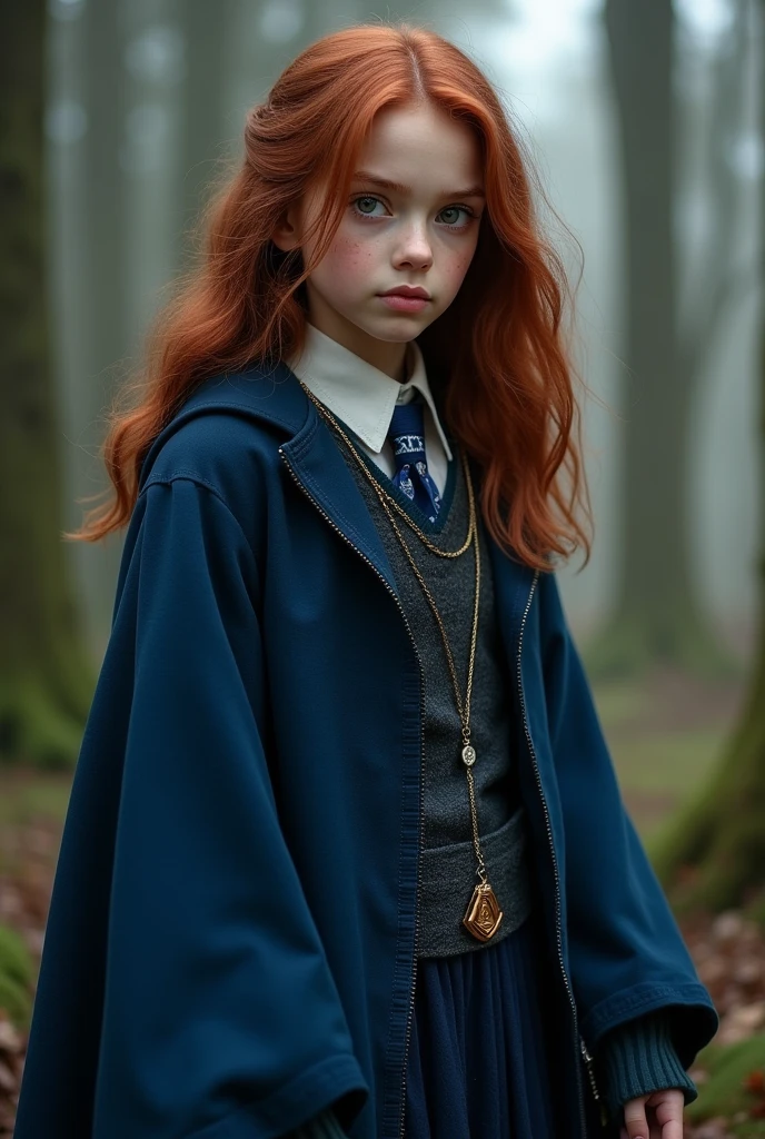 Create a character for a Harry Potter RPG that I participate in with the following characteristics: Hermione Granger inspired girl with medium length dark magenta reddish brown hair; with eyes that vary between green, gray and light brown; fair skin and blue Ravenclaw witch robes