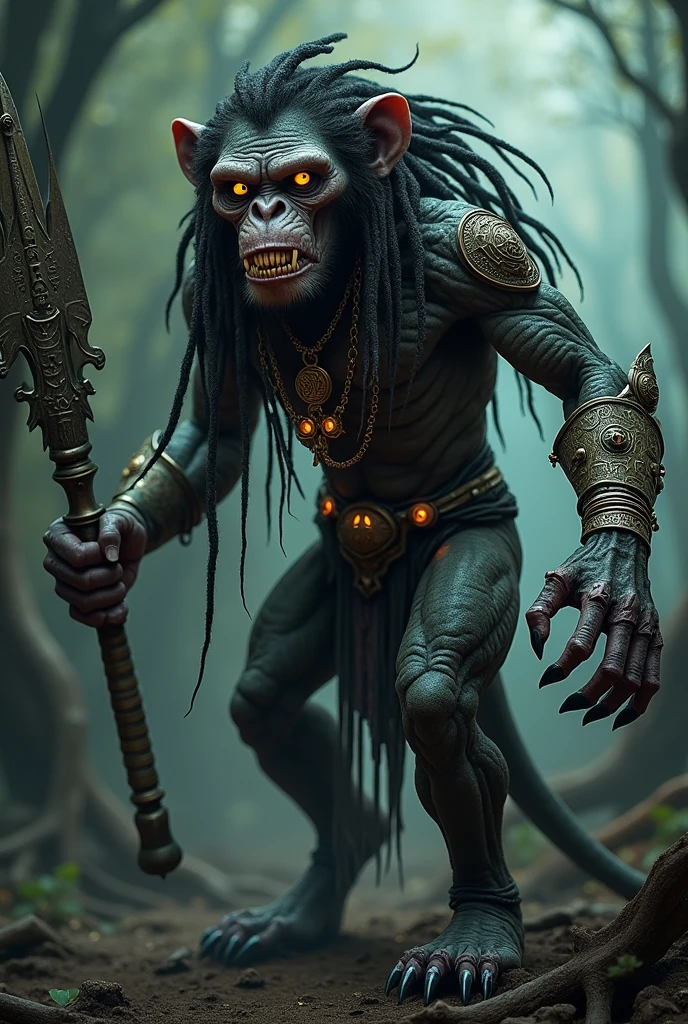 hyper-realistic detailed intricate humanoid-monkey monster with dreadlocks, glowing eyes, sharp, pointed teeth, intricate tattoos or markings that glow faintly, armor or clothing made from bones, scales, or enchanted metals, clawed hands and feet, a dark, eerie forest or desolate otherworldly landscape background, accessories like amulets, rings, or chains, wings or additional limbs, and an ancient powerful weapon with runes or glowing elements