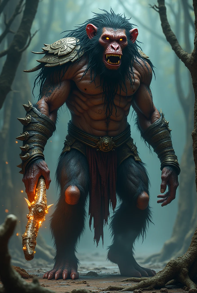 hyper-realistic detailed intricate humanoid-monkey monster with dreadlocks, glowing eyes, sharp, pointed teeth, intricate tattoos or markings that glow faintly, armor or clothing made from bones, scales, or enchanted metals, clawed hands and feet, a dark, eerie forest or desolate otherworldly landscape background, accessories like amulets, rings, or chains, wings or additional limbs, and an ancient powerful weapon with runes or glowing elements