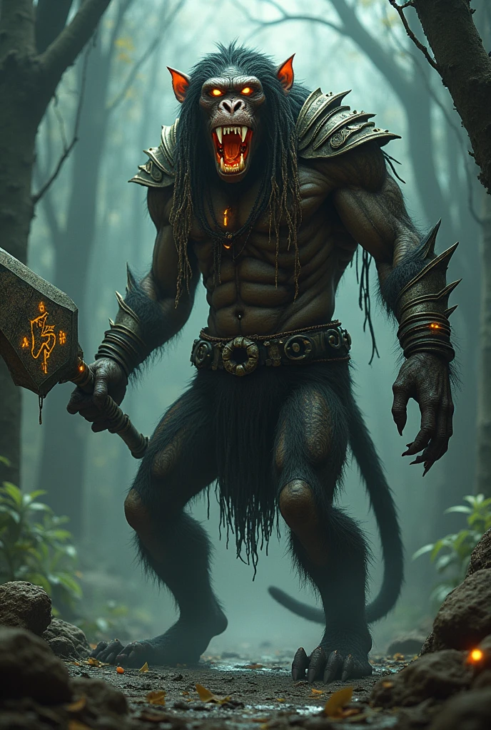 hyper-realistic detailed intricate humanoid-monkey monster with dreadlocks, glowing eyes, sharp, pointed teeth, intricate tattoos or markings that glow faintly, armor or clothing made from bones, scales, or enchanted metals, clawed hands and feet, a dark, eerie forest or desolate otherworldly landscape background, accessories like amulets, rings, or chains, wings or additional limbs, and an ancient powerful weapon with runes or glowing elements