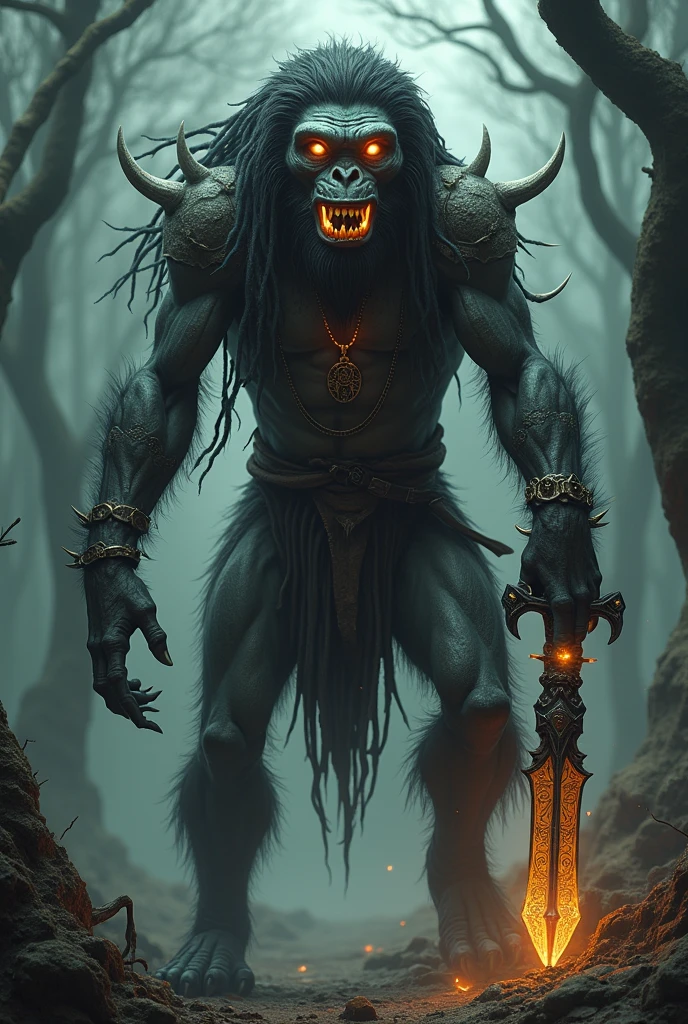 hyper-realistic detailed intricate humanoid-monkey monster with dreadlocks, glowing eyes, sharp, pointed teeth, intricate tattoos or markings that glow faintly, armor or clothing made from bones, scales, or enchanted metals, clawed hands and feet, a dark, eerie forest or desolate otherworldly landscape background, accessories like amulets, rings, or chains, wings or additional limbs, and an ancient powerful weapon with runes or glowing elements