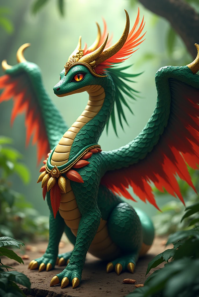 an animal with pokemon style, snake with feathers in its skin, with tribu decoration, god vibes, green, in a tribu, angry, with gold in the head, a necklace or feathers in its neck, with wings with green and red, skinny, a snake that flies