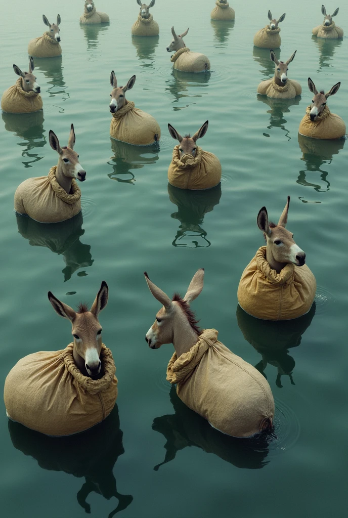 Many sacks of donkeys are lying in the water