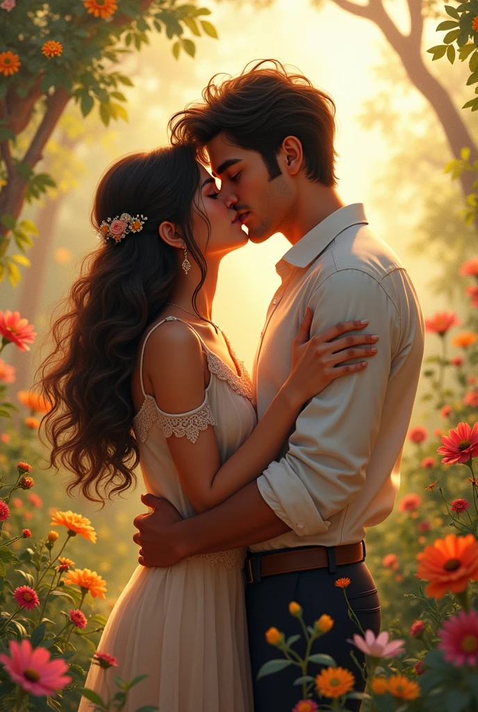 A men name Keshav kissing a girl name Shilpi, Romantic, nature, flower both are wearing clothes of their own name