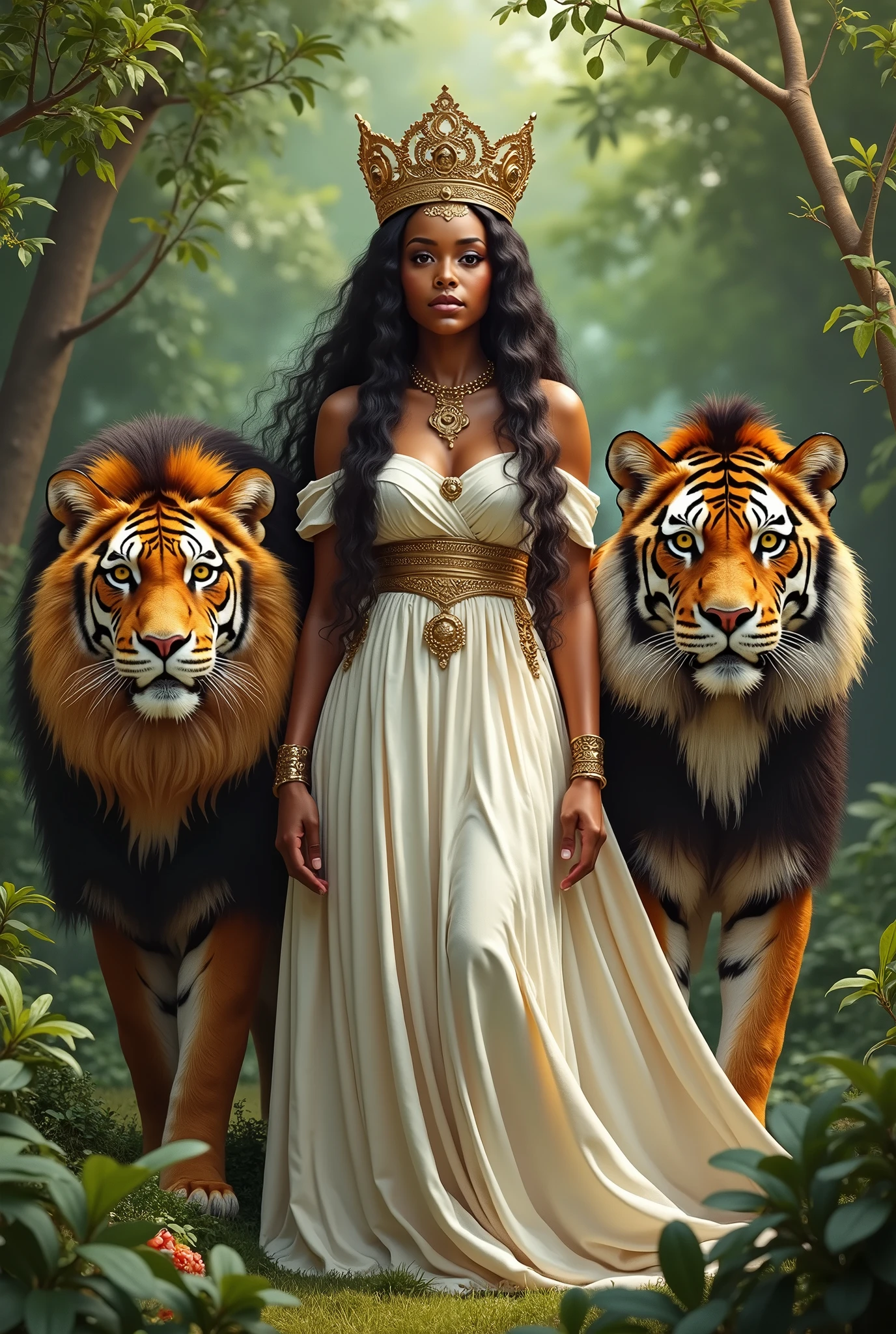 Ethiopian Queen Saba, her skin is more light, her outfit like white cotton dress, her crown like king Solomon, full body, lion and tiger, garden,guard.