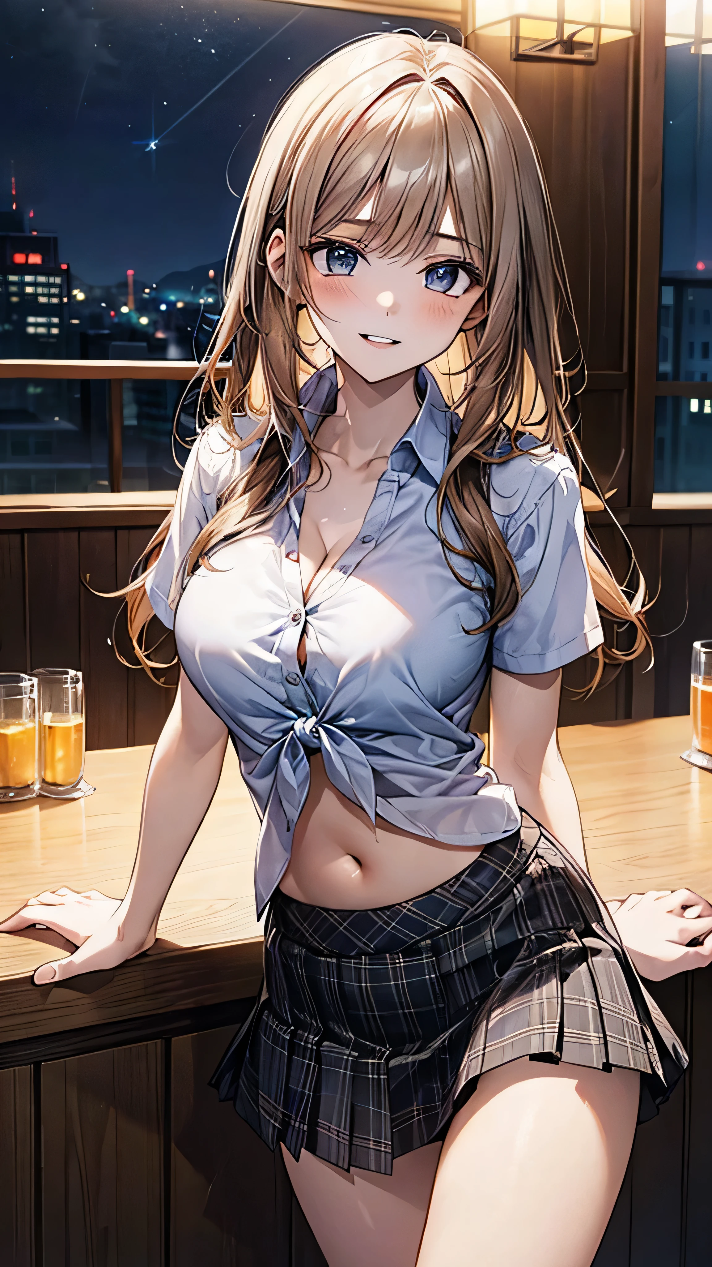 (masterpiece:1.2, highest quality), beautiful illustrations, (natural side lighting, movie lighting),
beautiful hair, beautiful face, detailed and beautiful eyes, beautiful clavicle, beautiful body, beautiful breasts, beautiful thighs, beautiful feet, beautiful fingers, hold ,
looking at the viewer, 1 girl, high school girl, (perfect anatomy, anatomically correct, super detailed skin), cute symmetrical face, baby face, perfect face, perfect eyes,
(long hair, straight hair, dark blonde hair), bangs, dark blue eyes, big eyes, (large breasts 1.9, seductive thighs), perfect body, greaming skin, slender,
(white collared shirt), short sleeves, (tied shirt:1.1), (navel:1.1), ( plaid skirt:1.4),break , cleavage, from below,
(beautiful scenery), evening, (night bar:1.2), break (lovely smile, parted lips), press breasts together, orgasming face