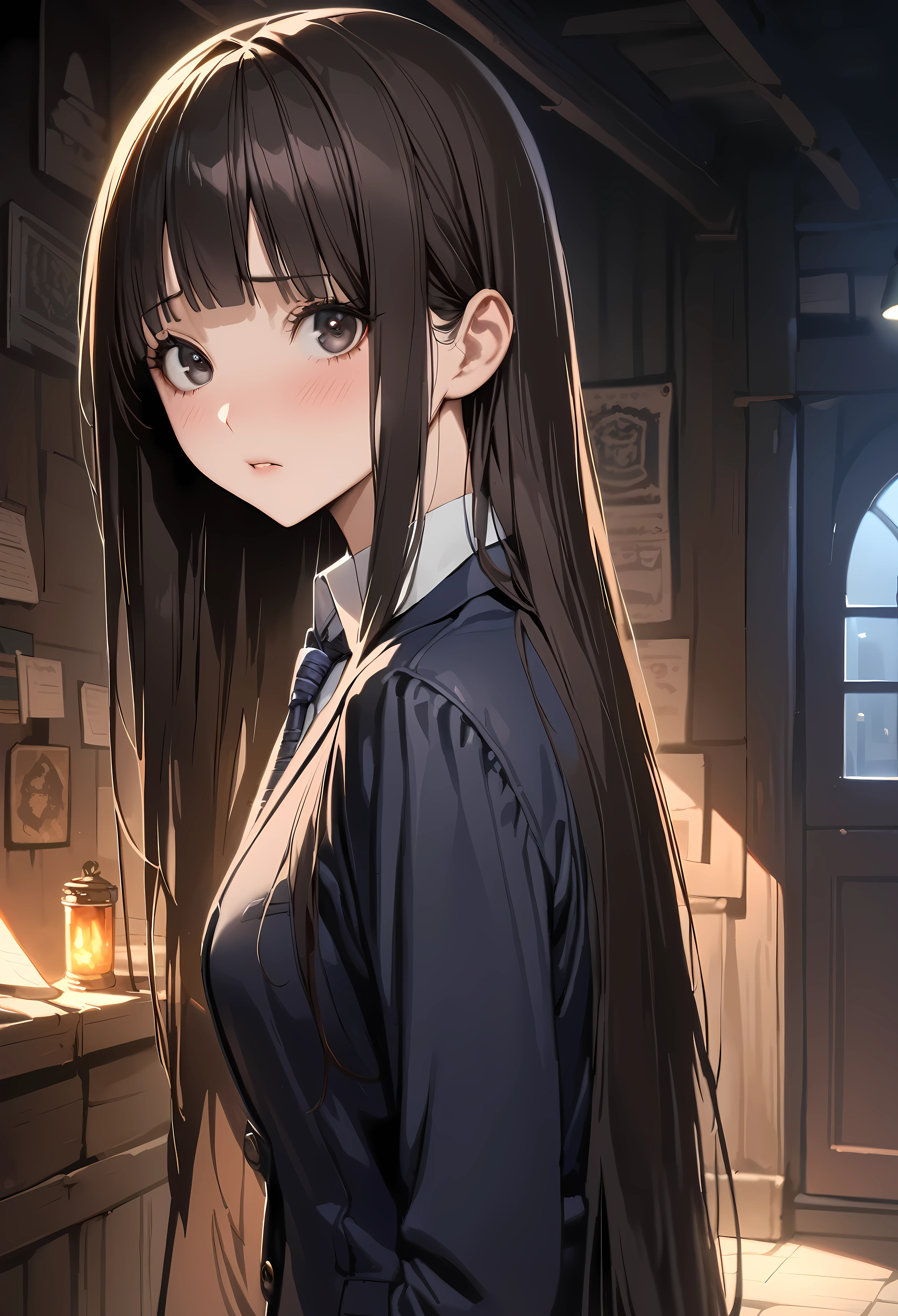 Fantasy art、((masterpiece,best quality anime,Highest quality:1.3)),realistic,portrait,1woman,(Mature Beauty),((very small head:1.4)),((very long body:1.3)),long hair,black hair,bangs,(gorgeous big eyes),black eyes,shy,(School uniform、Dark blue blazer jacket、Navy blue tie、Dark blue plaid mini skirt),white collared shirt,((slender body:1.3,skinny:1.2)),medium breasts,barefoot、standing,Dimly lit basement、Old school building、at night、Harry Potter World,