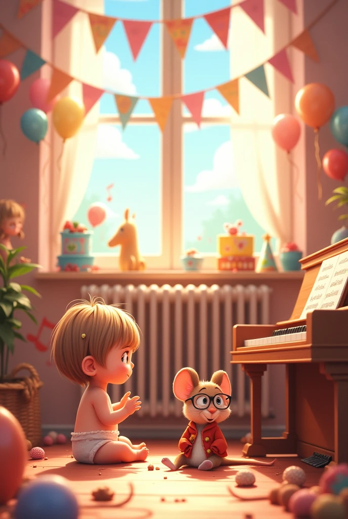 Radiator on back wall, with party decoration, chocolate and nougat and anise balls Baby girl 1 month old with very short hair, small with light brown hair with a flower adorning one side of her hair, sitting next to a piano and playing with a beautiful, little mouse with glasses and jacket singing and dancing on the piano Party and birthday cake for "Allison" 

Many happy children singing and jumping around Animated colors Photography Anime, photo, illustration, typography, vibrant, Graffiti, portrait photographyLess
