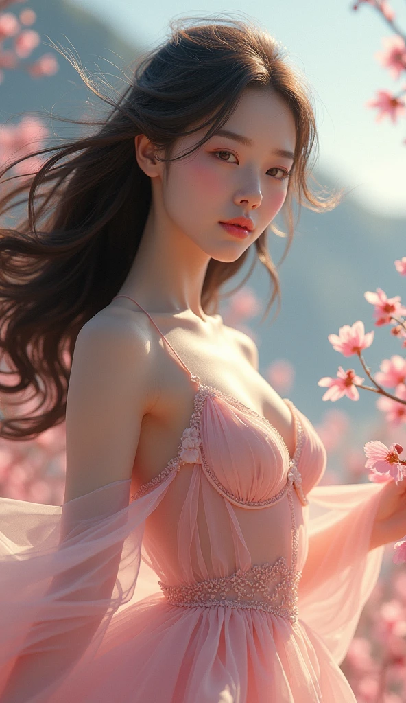 {{{masterpiece}, }}, {extremely detailed CG unity 8k wallpaper}, Amazing, finely detail, solo, {{floating hair}, }, {{Sakura}, }, outdoors, sky, {{wind}, }, detailed background, beautiful detailed eyes, see-through:evening dress:0.3, cleavage, bright pupils, {{full body}, }, dynamic pose, dynamic angle, cleavage, looking at viewer, detailed clothes, cinematic lighting, close-up, best quality