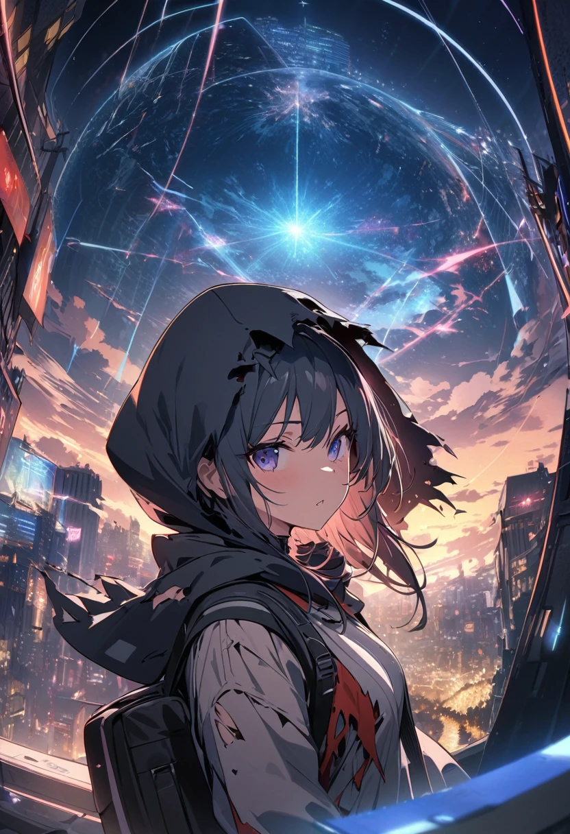 score_9, score_8_up, score_7_up, score_anime, masterpiece, top quality, delicate illustration, sharp lines, sharp focus, BREAK, a traveling girl wandering in the endless night world, the girl wears a hood and has a lot of stuff in her backpack, night , fantastic landscape, beautiful scenery, harmony with nature, spectacular view, futuristic city, (((torn clothes))), (((torn hood))),shorts,boots