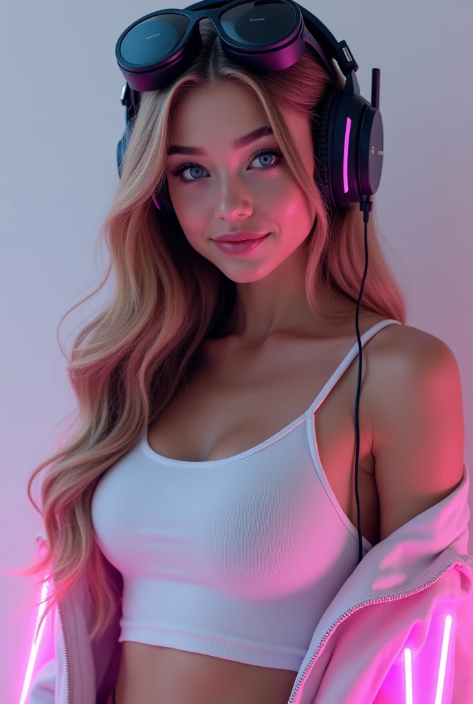 best quality, 8k.
beautiful young woman, long hair, fullcolor, blue colored eyes.
Uses a large headset with pink LED light.
She wears a white tank top and a white jacket with LED lights..
He looks directly at the camera with a confident and happy expression..
Centralize images.