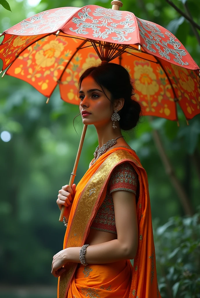A saree girl with umbrella waiting 
