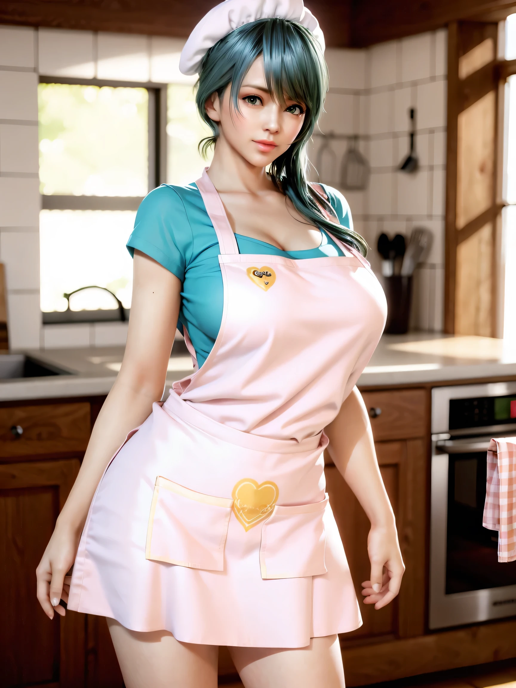 pov,looking at viewer,(light pink blouse),(pink long skirt),((light yellow Apron)),cowboy shot, from side, solo,noon time, kitchen,masterpiece, best quality, high resolution, 4k, ultra high resolution, highly detailed, highly detailed, beautiful eyes, beautiful hair, beautiful side, beautiful skin,shiny skin,good hands,,curvy,large breats,tamaki,(Mole under left eye),Cosmic eyes