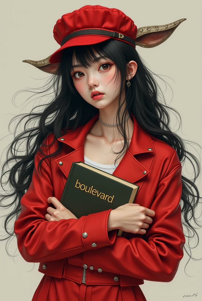 Make a girl, black hair, white skin, a thin red jacket and red pants, holding a book that says "Boulevard". Besides, that girl has a cow cap on her yellow head