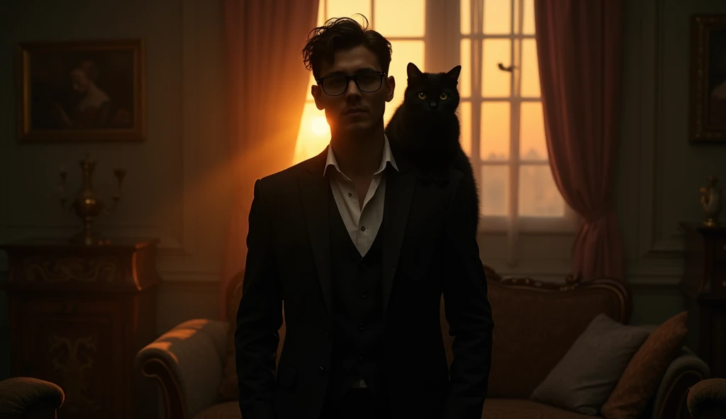 Victorian room, dark room with no light, sunset, beautiful young man, black formal wear, glasses, large black cat, black cat leaning on man's shoulder, movie scene, stills, high resolution