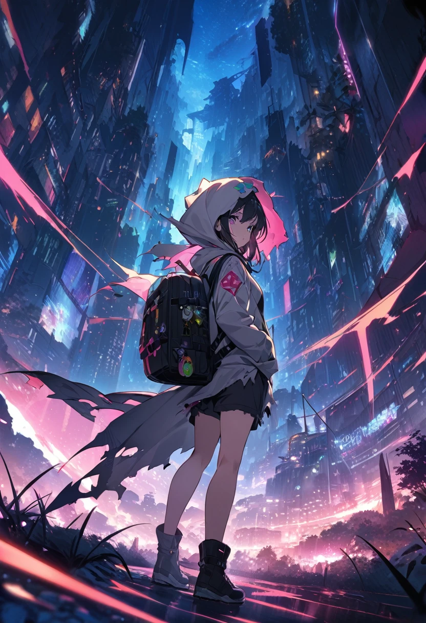 score_9, score_8_up, score_7_up, score_anime, masterpiece, top quality, delicate illustration, sharp lines, sharp focus, BREAK, a traveling girl wandering in the endless night world, the girl wears a hood and has a lot of stuff in her backpack, night , fantastic landscape, beautiful scenery, harmony with nature, spectacular view, futuristic city, (((torn clothes))), (((torn hood))),shorts,boots
