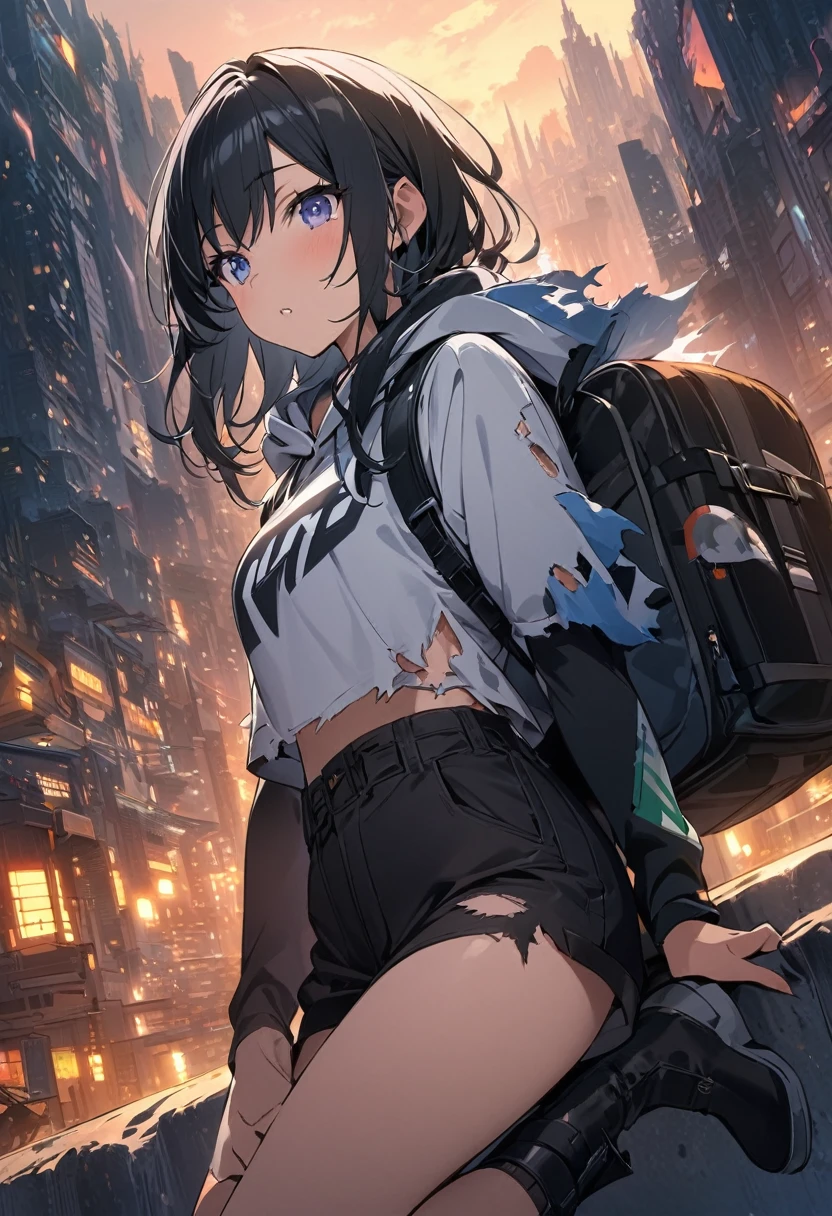 score_9, score_8_up, score_7_up, score_anime, masterpiece, top quality, delicate illustration, sharp lines, sharp focus, BREAK, a traveling girl wandering in the endless night world, the girl wears a hood and has a lot of stuff in her backpack, night , fantastic landscape, beautiful scenery, harmony with nature, spectacular view, futuristic city, (((torn clothes))), (((torn hood))),shorts,boots
