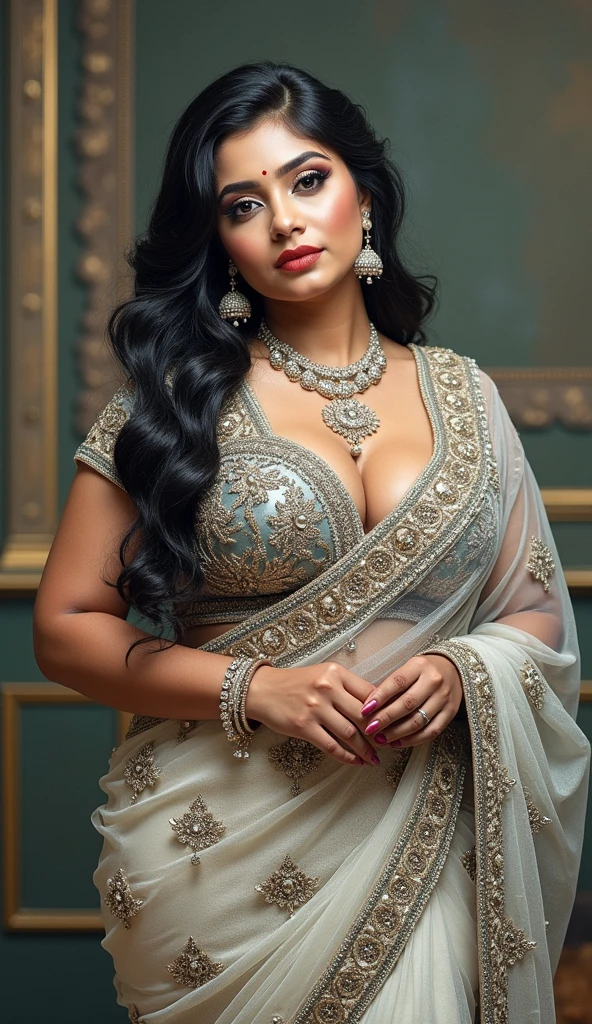 A beautiful plus-sized South Indian woman, 3, movie actress, hourglass figure, plump open cleavage, elegant, attractive, striking pose, gorgeous makeup, flowing hair, ornate jewelry, ornate dress, extremely detailed eyes and face, beautiful detailed eyes, beautiful detailed lips, long eyelashes, dramatic lighting, cinematic atmosphere, (realistic, photorealistic, photo-realistic:1.37), (best quality,4k,8k,highres,masterpiece:1.2),ultra-detailed