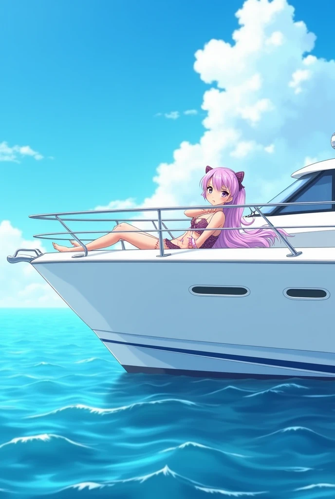 
anime style girl lies on the stern of a white yacht in the ocean