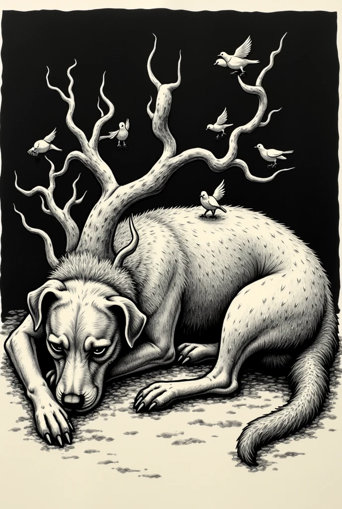 woodcut of a dog lying on its side with a human face, fungi sprouting from the dog and birds coming out of its head