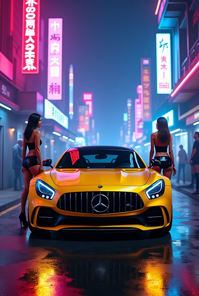 Cyberpunk Mercedes yellow street free lights and purple neons with blue light with sexy girls
