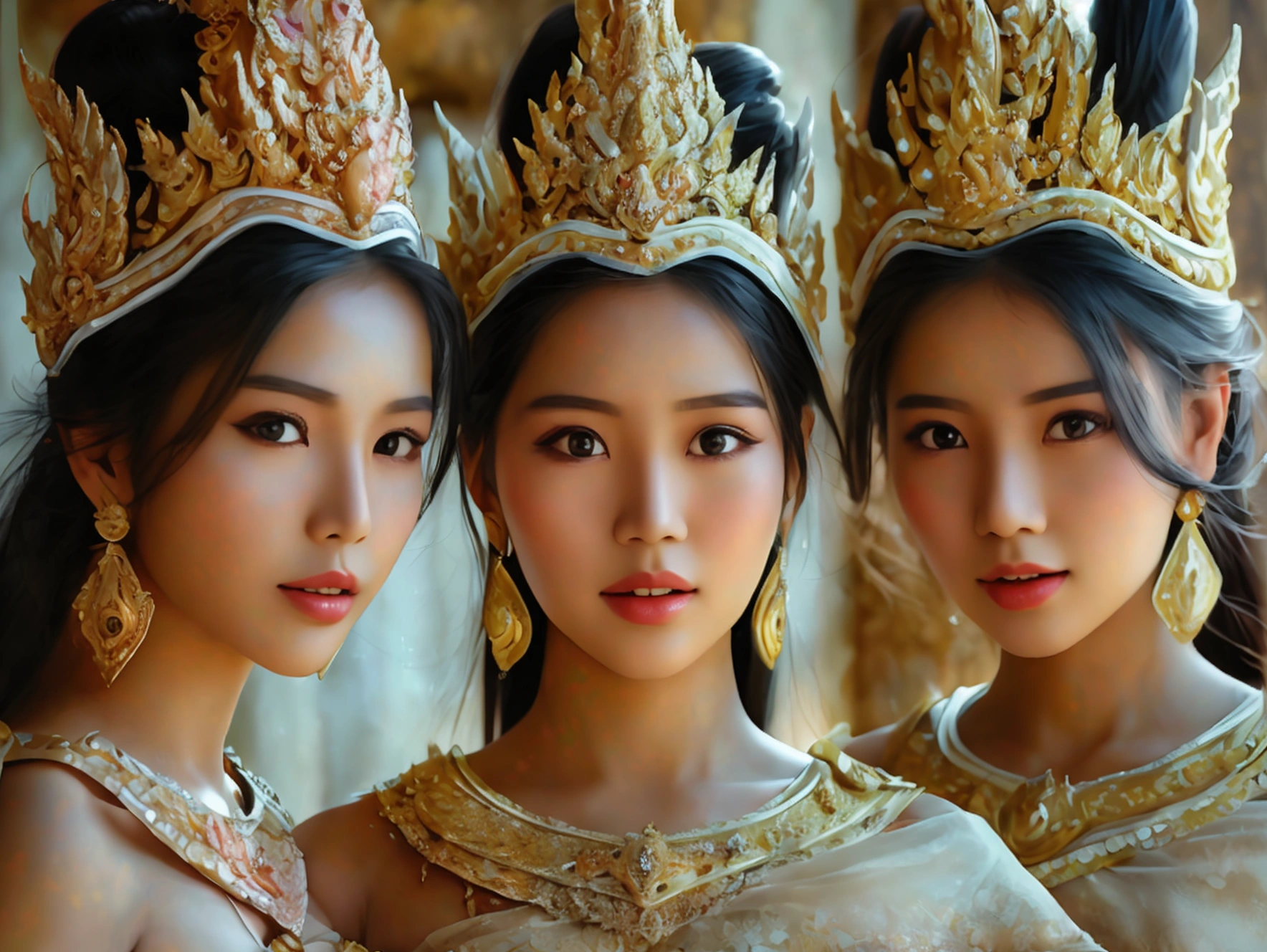 (three women), full body image, realistic details, Sharp picture, Thai girl dressed in the style of the ancient Ayutthaya Kingdom, beautiful, ((Sexy)), voluptuous, ((Age difference)), ((Different appearance))