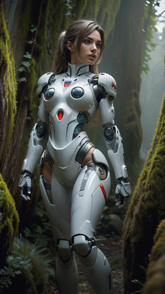 ((work of art, highest quallity, A highest quallity de imagem, high resolution, photorrealistic, CRU photo, 8k)), Robot soldier abandoned on the battlefield, broken and immobile, rust and moss showing the passage of time, Female cyborg body, female body, Biomechanics , extra body detailed, white streak blowjob, white Biomechanics details, body detailed, glossy white armor, cybernetic body, eva unit-00 on the back, full body details,