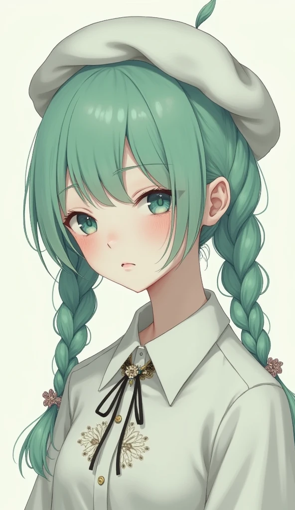 1girl, (bags under eyes:1.5), mint green hair, twin_braid, white beret, white shirt, flower necktie