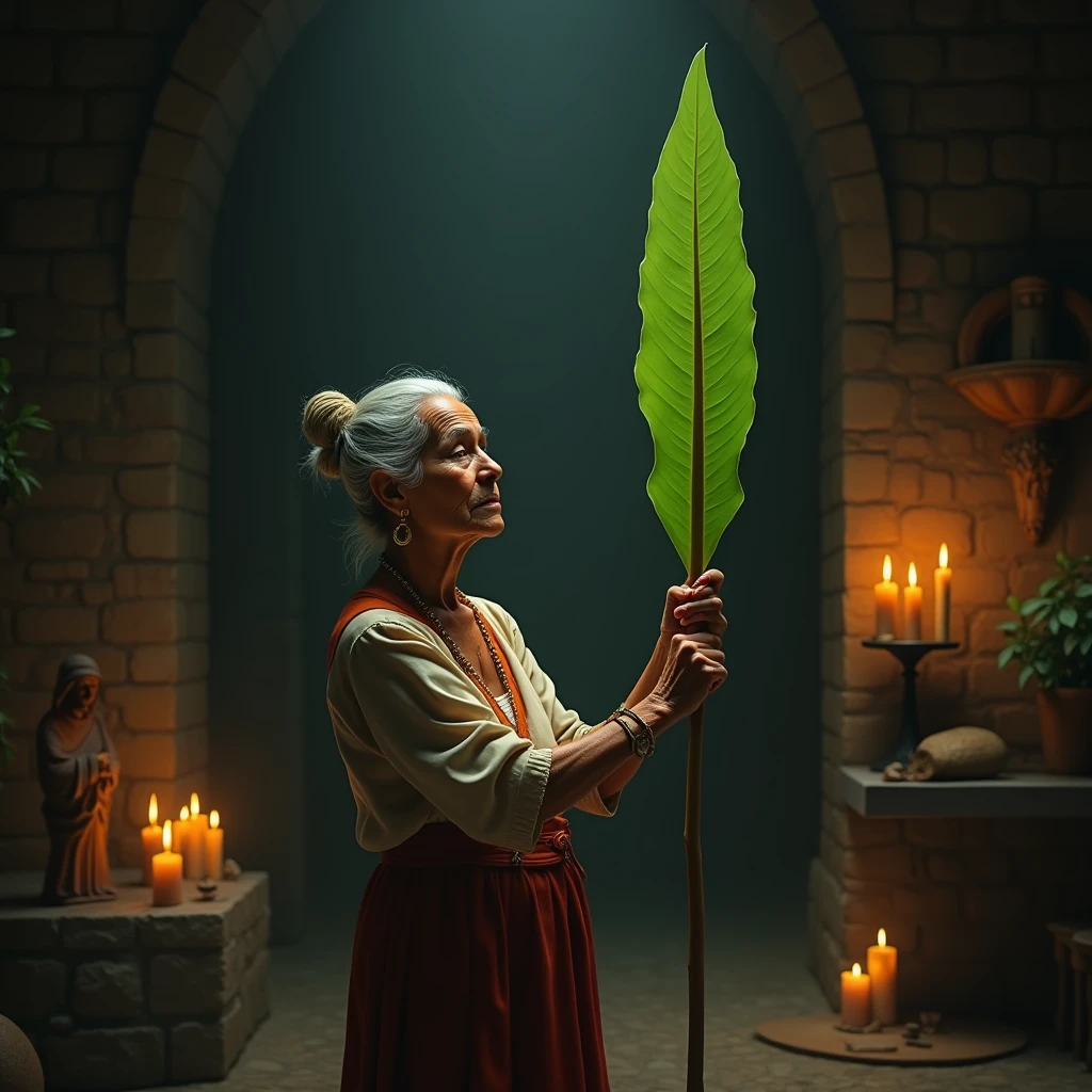 Create a detailed scene featuring an elderly Brazilian woman holding a 'Espada de São Jorge' (Saint George's Sword) plant. This plant is characterized by a single, long, and narrow leaf that resembles a sword or lance, rather than having multiple leaves. The leaf should be vibrant green, straight, and sharp-edged, extending from its base without any additional leaves or branches. The woman, dressed in traditional and simple clothing, holds the plant with both hands, as if it were an actual sword. She stands in a mystical, rustic setting—perhaps a garden at dusk or a dimly lit room filled with spiritual symbols like candles, statues, or other sacred objects. The overall atmosphere should be calm and reverent, emphasizing the plant's protective and spiritual significance in Brazilian culture. The lighting should be warm and gentle, casting soft shadows that add depth and a sense of sacredness to the scene.