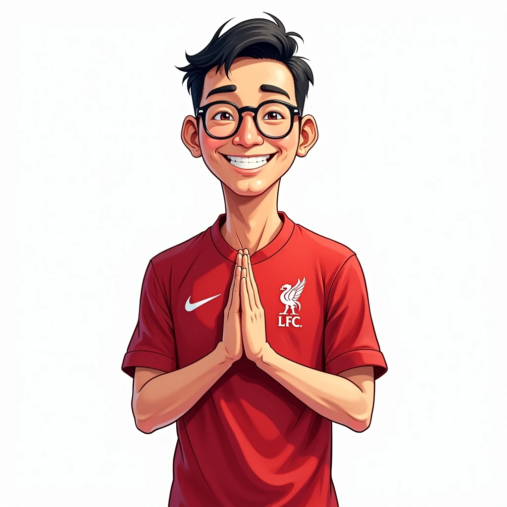 Thai man, about 40 years old, short hair, smiling in manga style, bowing in Thai style and wearing a Liverpool shirt, wearing glasses, standing in cartoon style. High quality dynamic photo, detailed and colorful. Realistic and colorful pose, white background.