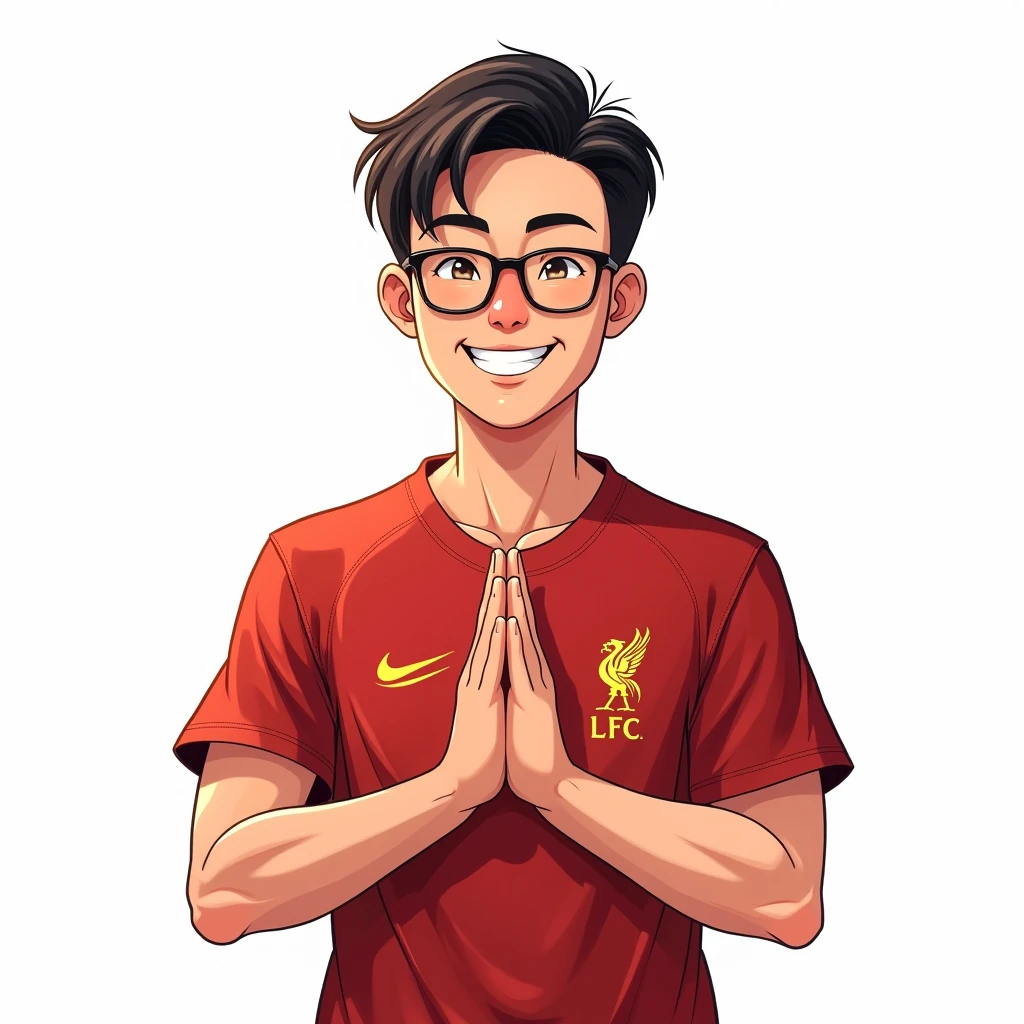 Thai man, about 40 years old, short hair, smiling in manga style, bowing in Thai style and wearing a Liverpool shirt, wearing glasses, standing in cartoon style. High quality dynamic photo, detailed and colorful. Realistic and colorful pose, white background.