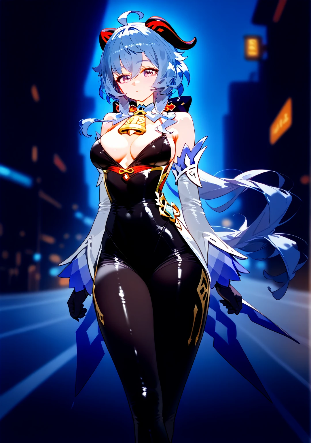 Highest quality, Highest quality, High quality illustrations, masterpiece, Ultra-high resolution, Detailed Background, Absurd, Perfect Anatomy, performance, Good lighting, Shadows in the movies, 1 girl, solo, ganyu \(genshin impact\), Purple eyes, long hair, light blue hair, long ponytail, Brownish horns, alternate costume, medium breasts, closed mouth, pink and black clothes, tight race suit with zipper (unzip showing cleavage), leather stockings, leather boots, dynamic pose, dynamic angle, own hands together, walking, standing, chromatic aberration, neon theme, bewitching thighs, gleaming, shiny skin, shiny, two beautiful legs