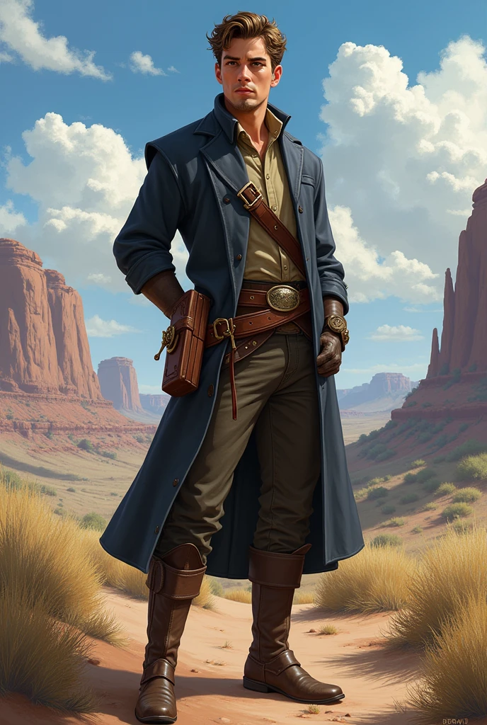 He has short, slightly curly brown hair and is clean-shaven with a clean-shaven face. He has one arm behind his back. He wears a graveyard priest outfit with a brown belt that holds a Bible on his hip and leather boots under his pants. He always appears to be visually positive, but is very protective of those he loves. The character is intended to be styled in a fantasy RPG art style and set in the Old West.