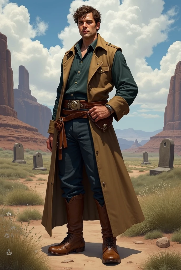 He has short, slightly curly brown hair and is clean-shaven with a clean-shaven face. He has one arm behind his back. He wears a graveyard priest outfit with a brown belt that holds a Bible on his hip and leather boots under his pants. He always appears to be visually positive, but is very protective of those he loves. The character is intended to be styled in a fantasy RPG art style and set in the Old West.