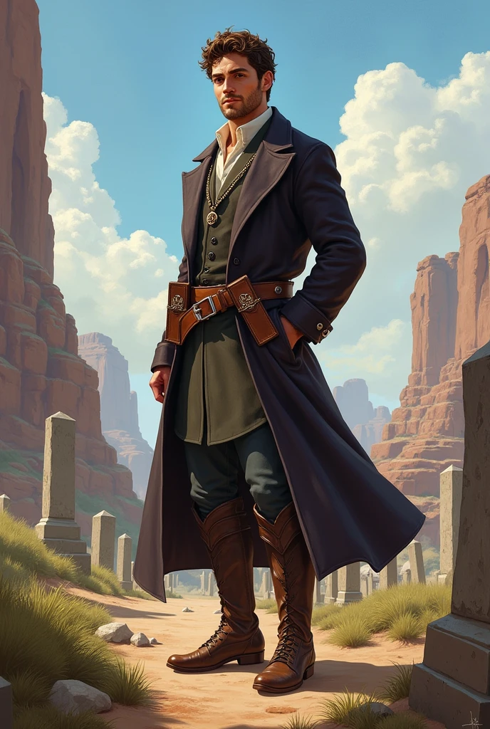 He has short, slightly curly brown hair and is clean-shaven with a clean-shaven face. He has one arm behind his back. He wears a graveyard priest outfit with a brown belt that holds a Bible on his hip and leather boots under his pants. He always appears to be visually positive, but is very protective of those he loves. The character is intended to be styled in a fantasy RPG art style and set in the Old West.