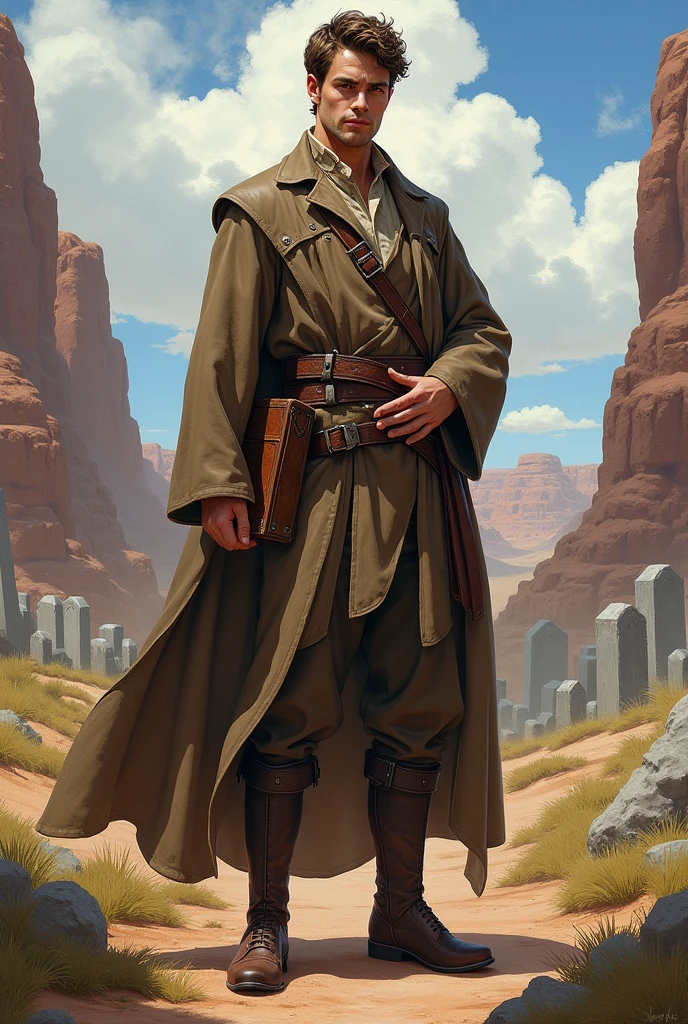 He has short, slightly curly brown hair and is clean-shaven with a clean-shaven face. He has one arm behind his back. He wears a graveyard priest outfit with a brown belt that holds a Bible on his hip and leather boots under his pants. He always appears to be visually positive, but is very protective of those he loves. The character is intended to be styled in a fantasy RPG art style and set in the Old West.