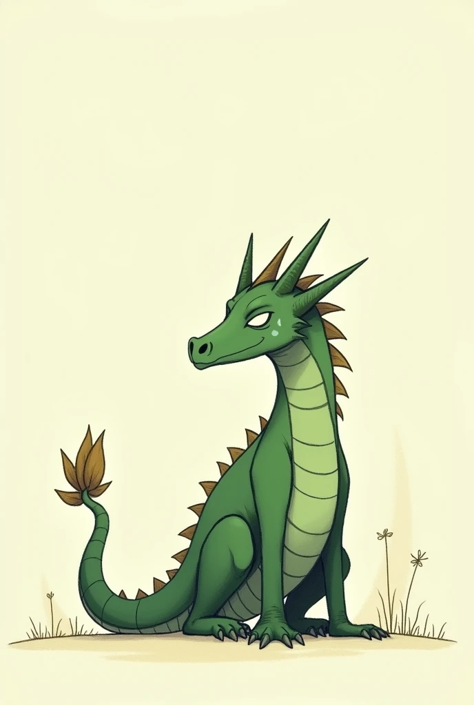 Minimalist drawing for a story of a sad green dragon because he is leaving home