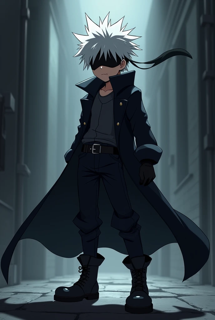 Boy, anime, thief, long coat, boots, gloves, smirk, blindfold, white spiky hair,